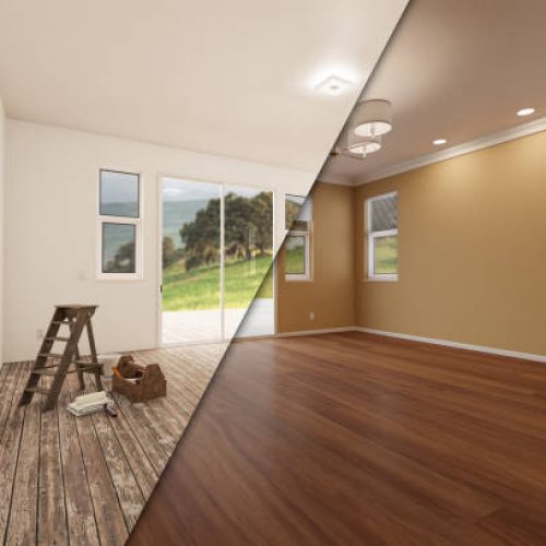 Unfinished Raw and Newly Remodeled Room of House Before and After with Wood Floors, Moulding, Tan Paint and Ceiling Lights.
